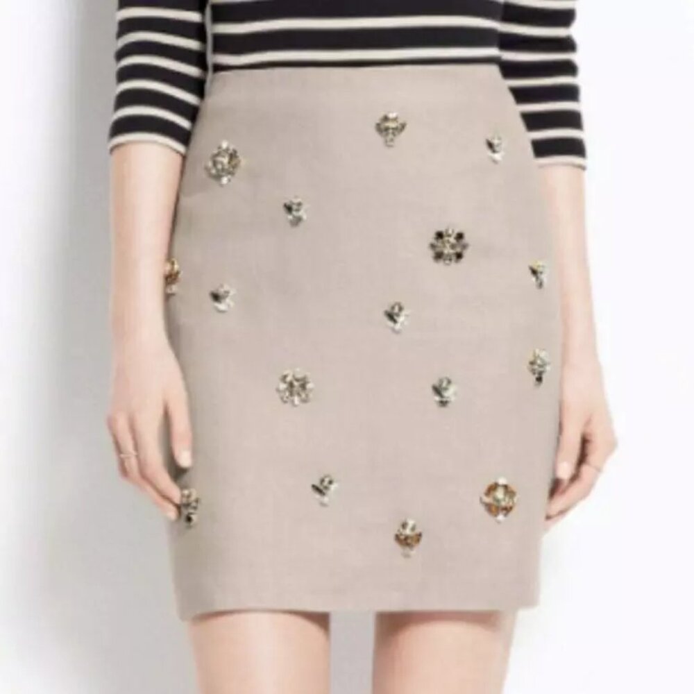 Ann Taylor Women's Beige Tan Rhinestone Embellished Mid Pencil 100% Linen Skirt